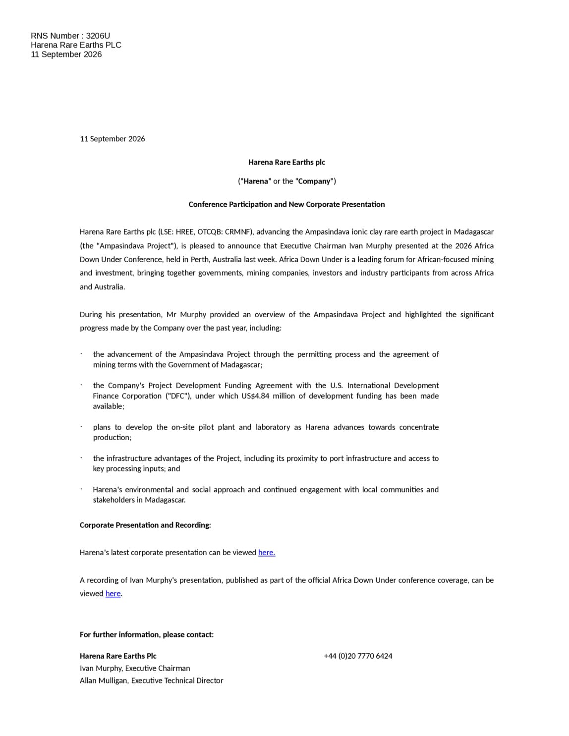 Harena Rare Earths - Conference Participation and New Presentation
